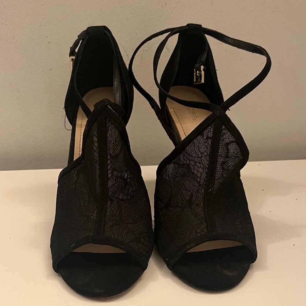 BCBGeneration Black Lace Peep-Toe Heels